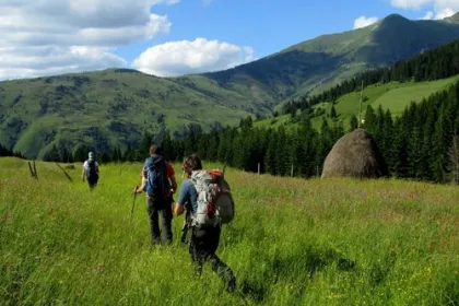 Drei Personen, die eine Trekkingtour durch die grünen Berge und Landschaften Montenegros absolvieren.