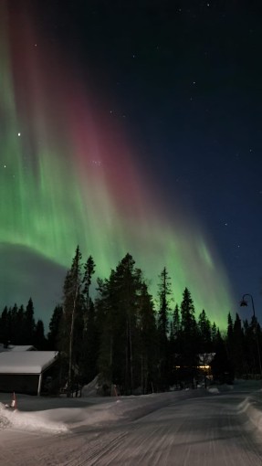 Eine verschneite Straße mit dem Nordlicht.