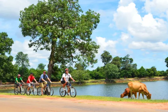 Eine Familie unternimmt auf der Familienreise durch Kambodscha eine Radtour