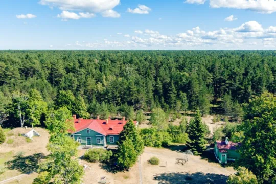 Luftaufnahmen auf einem grünen Wald mit einem Ferienhaus in der Mitte.