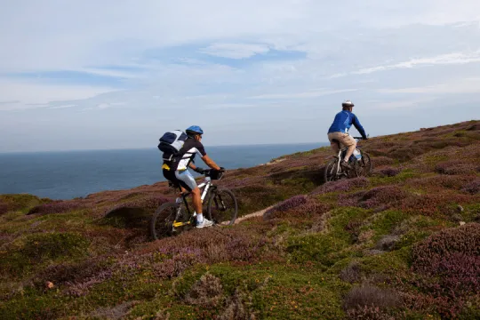 Zwei Mountainbiker fahren auf einem schmalen Weg durch eine hügelige Heidelandschaft an der Küste. Links ist das Meer zu sehen, darüber ein weitgehend bewölkter Himmel.