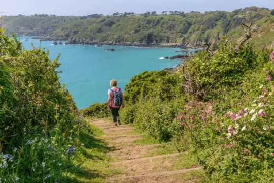 Wanderin mit Rucksack auf einem Küstenpfad der Kanalinseln. Der Weg führt durch üppige Vegetation und blühende Wiesen mit Blick auf eine türkisfarbene Bucht und grüne Steilküsten.